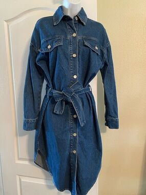 Boohoo Dark Blue Denim Shirt Dress with Tie Waist